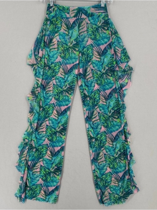 Love 83 Pants - NWT Tropical Leaf Print Wide-Leg Mesh Poolside Flare Pants - Teal & Pink 🩷💚